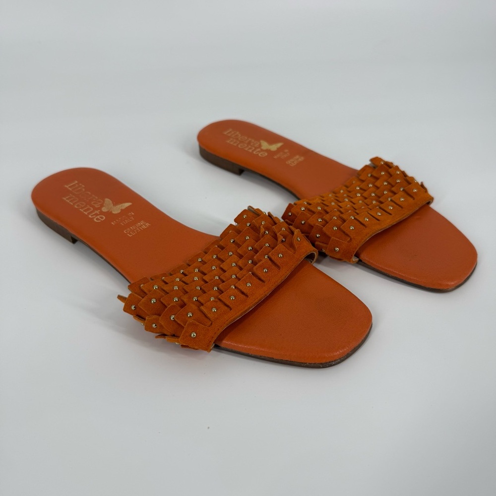 Libera Mente Slide Sandals 40/~9.5‎ Italian Suede Studded Fringe Leather Flats